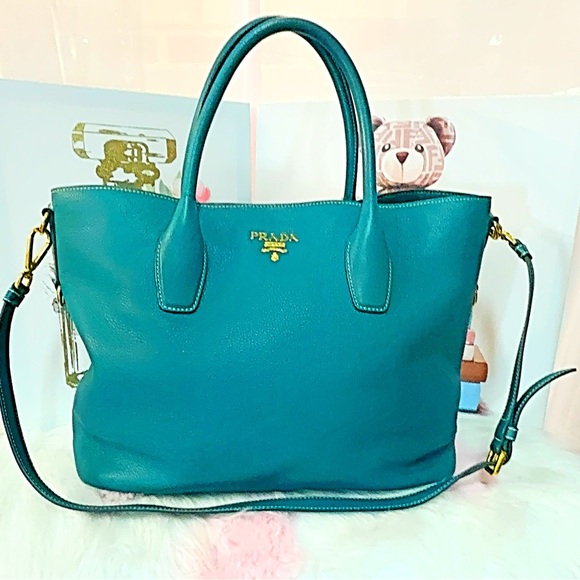 Prada Handbags - Prada Vitello Daino Leather 2-Way Tote Bag in a teal or green color